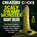 Creature Cocks Scaly Swamp Monster 3 Foot Giant Dildo, showcasing its towering scaly design and glassy eyes.