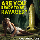 Creature Cocks Scaly Swamp Monster 3 Foot Giant Dildo next to woman in a swamp, with a creature lurking in the background.