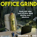Creature Cocks Scaly Swamp Monster 3 Foot Giant Dildo on an office chair in a swampy background.