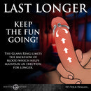 Master Series Kingpin Stainless Steel Glans Ring 30mm shown on a finger with arrows indicating pressure for enhanced pleasure.