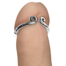 Master Series Kingpin Stainless Steel Glans Ring 24mm on a finger, showcasing its elegant curled ends and intricate design.