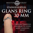 Master Series Kingpin Stainless Steel Glans Ring 30mm on a finger showcasing its elegant design.