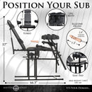 Master Series Leg Spreader Obedience Chair with Sex Machine dimensions illustration and features breakdown.