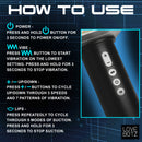 LoveBotz Thunder Stroker Sucking Masturbator user guide showing buttons for power, vibration, speed, and suction settings.