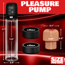 Size Matters Sucking Penis Pump with Attachments displayed with measuring details and pump features, in vibrant red background.