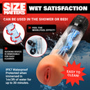 Size Matters Sucking Penis Pump with Attachments shown with waterproof features and realistic masturbatory sleeve.