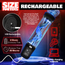 Size Matters Sucking Penis Pump with Attachments showing USB rechargeable features and charging indicators.