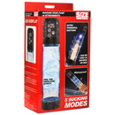 Size Matters Sucking Penis Pump with Attachments packaging showcasing LED display and suction modes.