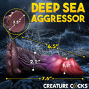 Creature Cocks Deep Diver Silicone Dildo with ocean background, showcasing detailed sea-creature design and dimensions.