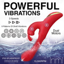 Inmi Flicking Silicone Rabbit Vibrator Red with powerful vibrations and dual motors, splashproof design and multiple patterns.