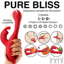 Inmi Flicking Silicone Rabbit Vibrator Red showcasing features like 3 speeds and 8 patterns of rabbit vibration.