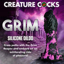 Creature Cocks Grim Silicone Dildo Purple and Black with textured spikes and ridges, designed for intense stimulation.