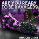 Creature Cocks Grim Silicone Dildo Purple and Black showcased with a dark fantasy theme in a captivating setting.