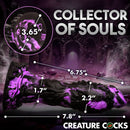 Creature Cocks Grim Silicone Dildo Purple and Black with detailed measurements and swirling design.