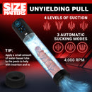 Size Matters Sucking Penis Pump with Digital Display showcasing 4 suction levels and 3 automatic sucking modes.
