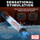 Size Matters Sucking Penis Pump with Digital Display shown with premium silicone sleeves and water splashing effect.