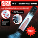 Size Matters Sucking Penis Pump with Digital Display promotes wet satisfaction for use in the shower or bed.