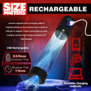 Size Matters Sucking Penis Pump with Digital Display, USB rechargeable, showing charging options and control panel.
