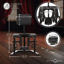Master Series Pleasure Throne Oral Sex Chair Black with dimensions and design features displayed on a wooden floor.