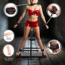 Ultimate Enforcer Forced Orgasm Tower with Sex Machine showing adjustable restraints and thrust length.