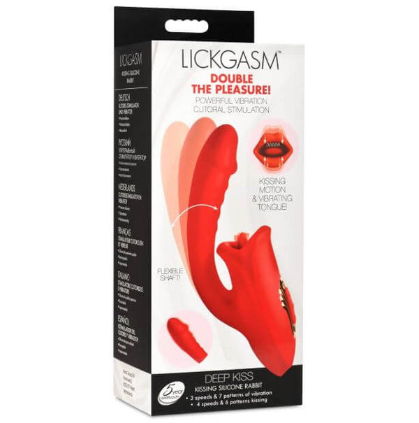Lickgasm Deep Kiss Kissing Silicone Rabbit Vibrator Red packaging showcasing its dual stimulation and kissing feature.