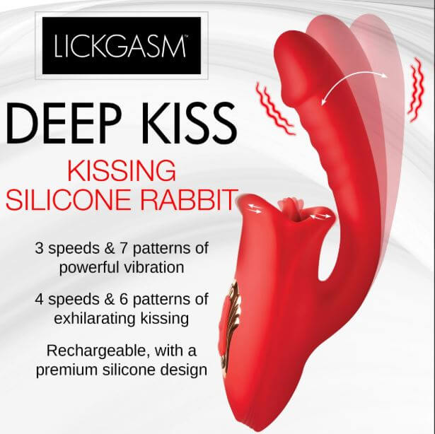 Lickgasm Deep Kiss Kissing Silicone Rabbit Vibrator Red with 3 speeds and 7 vibration patterns for ultimate pleasure.