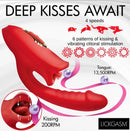 Lickgasm Deep Kiss Kissing Silicone Rabbit Vibrator Red with 4 speeds and 6 patterns for kissing stimulation.