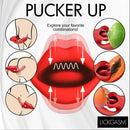 Pucker Up graphic featuring the Lickgasm Deep Kiss Kissing Silicone Rabbit Vibrator Red and various stimulating combinations.