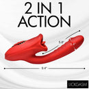 Lickgasm Deep Kiss Kissing Silicone Rabbit Vibrator Red displayed with dimensions and 2 in 1 action highlight.