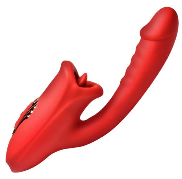 Lickgasm Deep Kiss Kissing Silicone Rabbit Vibrator Red showcasing its bold design and flexible shaft for dual stimulation.