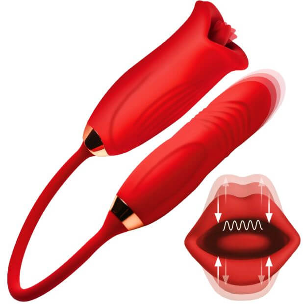 Lickgasm Magic Kiss Clitoral Stimulator with Thrusting Bullet, featuring a red design with a kissing mouth and thrusting feature.