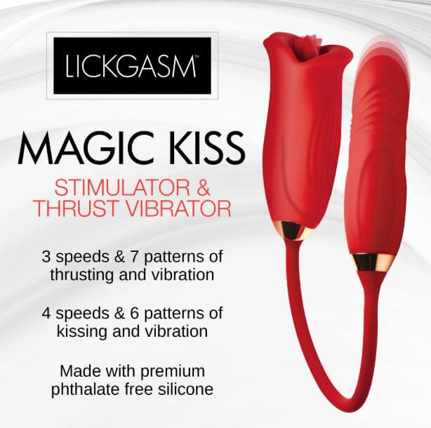 Lickgasm Magic Kiss Clitoral Stimulator with Thrusting Bullet features 3 speeds and 7 patterns for ultimate pleasure.