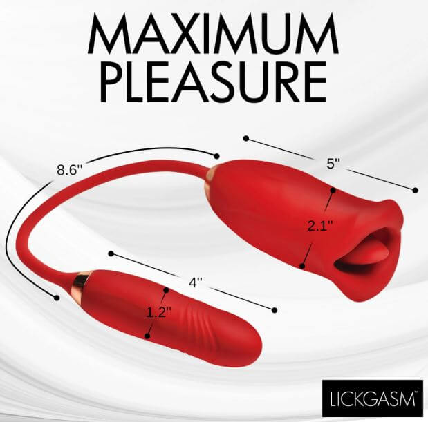 Lickgasm Magic Kiss Clitoral Stimulator with Thrusting Bullet showcasing dimensions and design for maximum pleasure.