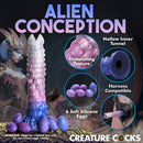 Tenta-Queen Ovipositor Silicone Dildo with Eggs showcasing ribbed design and six soft silicone eggs.