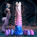 Tenta-Queen Ovipositor Silicone Dildo with Eggs displayed with sea-creature design and silicone eggs.