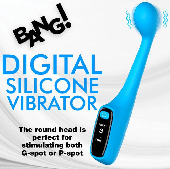 Digital silicone vibrator with round head for G-spot and P-spot stimulation, featuring LED screen and adjustable settings.