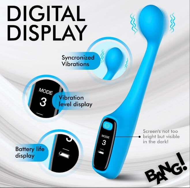 Digital G-Spot vibrator with LED display showcasing modes, vibration levels, and battery life features.