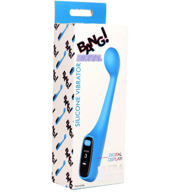 Blue Digital G-Spot Vibrator packaging with LED display, showcasing three speed modes for enhanced pleasure.