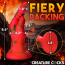 Creature Cocks Demon Claw Fisting Silicone Dildo Red showcasing measurements against a fiery, volcanic background.