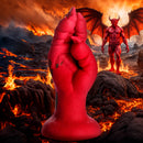 Creature Cocks Demon Claw Fisting Silicone Dildo Red displayed in a fiery fantasy landscape with a demon figure.