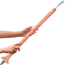 Hosed 19 Inch Slim Silicone Enema Hose Flesh in use, featuring a slim silicone shaft and water spray.