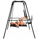 Throne Deluxe Adjustable Sling with Sex Machine showcases a user on a sturdy suspension frame for enhanced pleasure.