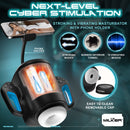 Cyber Milker Stroking & Vibrating Masturbator showcasing features like phone holder, stroking modes, and removable cap.