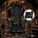 Master Series BDSM Throne Chair Black with Victorian-style carvings and plush upholstery in a gothic setting.
