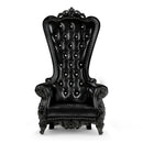 Master Series BDSM Throne Chair Black with ornate Victorian carvings and plush tufted upholstery.