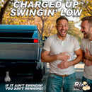 Big Ballers Large Cyber Nuts Truck Hitch Gag Gift Grey hanging on a vehicle with two laughing men.