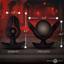 Master Series Dark Pearl Inflatable Vibrating Butt Plug size comparison image showing default and inflated dimensions.
