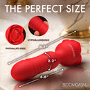 Rose Delight Silicone Thrusting Vibrator shown in a size comparison with phthalate-free and hypoallergenic features.