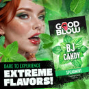 Good Blow Mint Popping BJ Candy packaging with mint leaves and a model enjoying spearmint flavors.