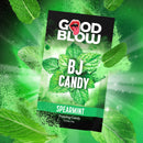 Good Blow Mint Popping BJ Candy packaging with spearmint leaves and sparkling green background.